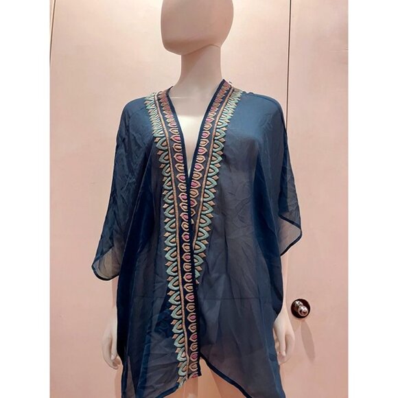 Anthropologie brand Lorimer NYC Deep blue chiffon embroidered kimono top, OS - Picture 4 of 5